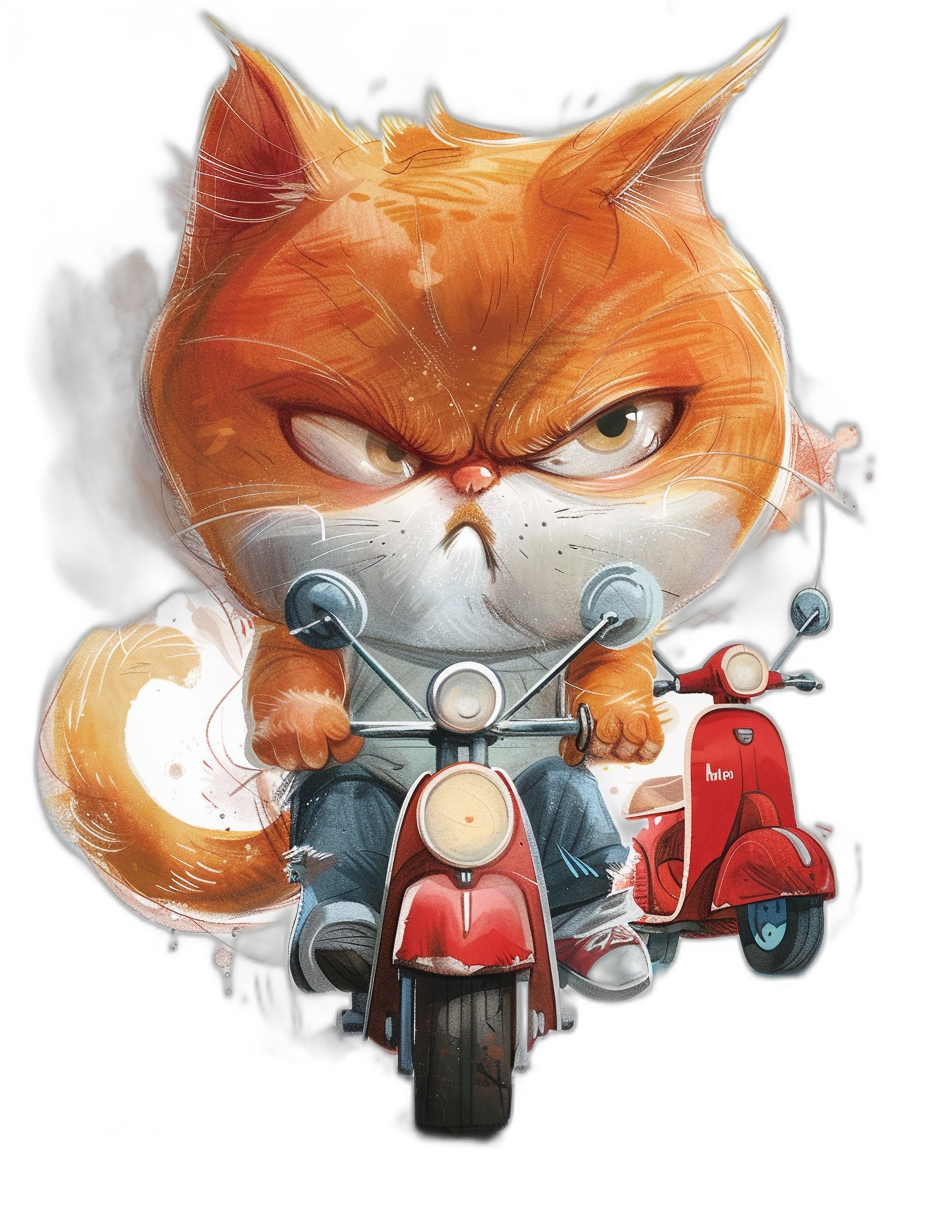 vector design of an angry orange cat riding on the back of a red vespa scooter, wearing jeans and a t-shirt, isolated on a black background, detailed character illustrations in the style of [James Jean](https://goo.gl/search?artist%20James%20Jean)