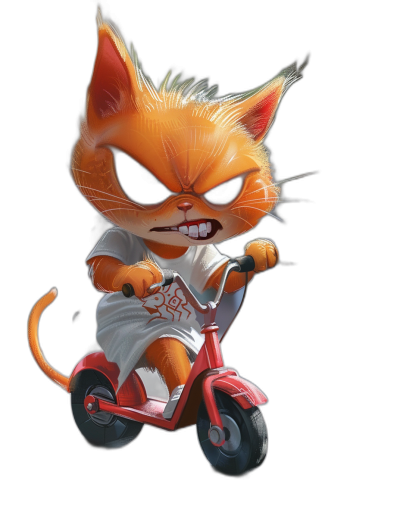 grumpy orange cat cartoon character wearing a white t-shirt, riding a red scooter with an angry face against a black background, in the style of Pixar.