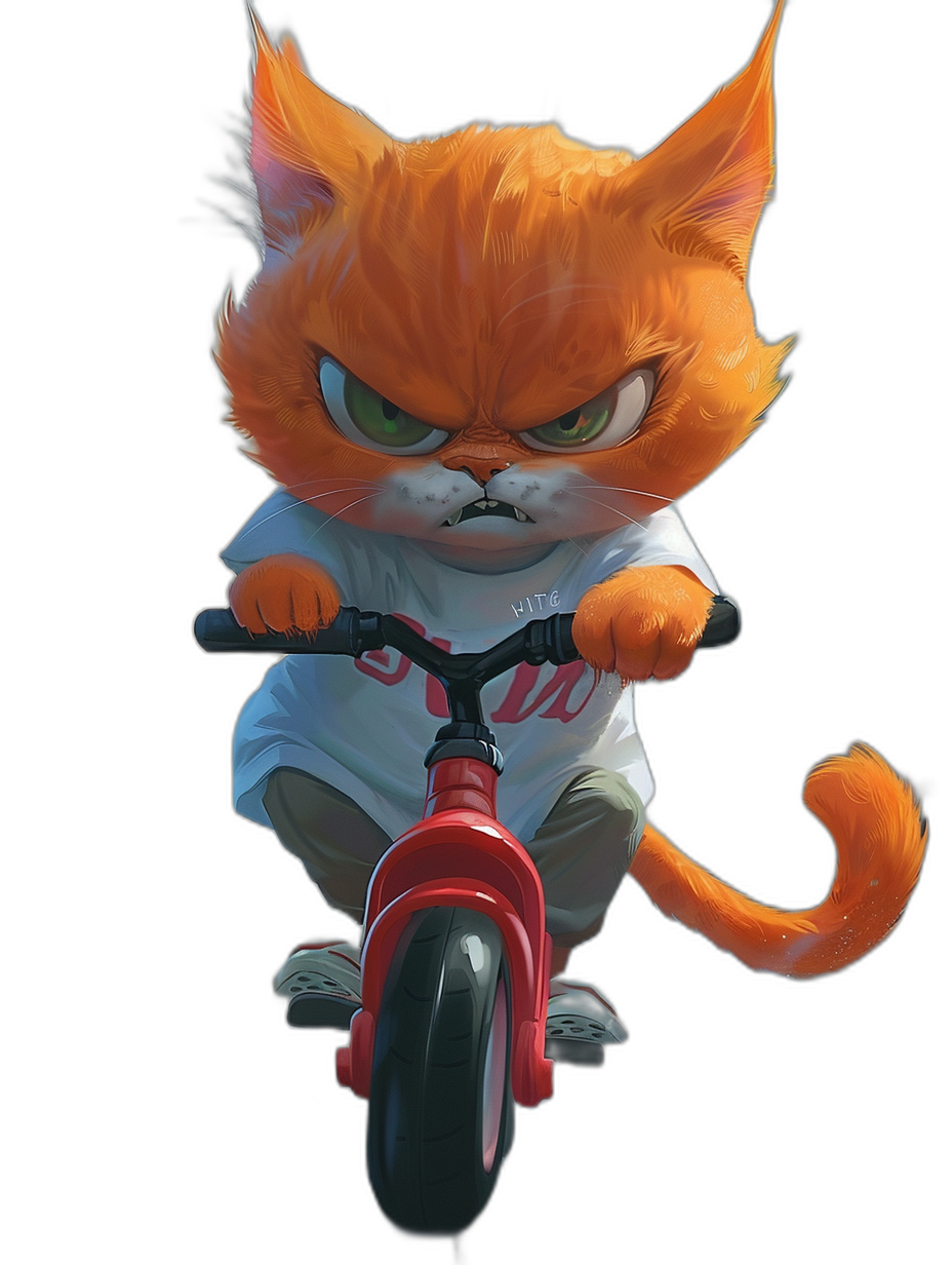 Grumpy orange cat with an angry face, wearing a white t-shirt and jean shorts rides a red tricycle bike on a black background, in the cartoon style, in the style of Disney Pixar animation, full body portrait, simple lines, simple details, high resolution, 3D render, octane rendering, ultra detail, high quality, hyper realistic, concept art, professional lighting, studio photography, soft shadows, no contrast, sharp focus, super detailed