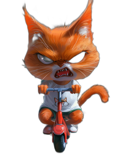 grumpy orange cat cartoon character with a white t-shirt and shorts, riding a scooter with an angry face, black background, in the style of Pixar