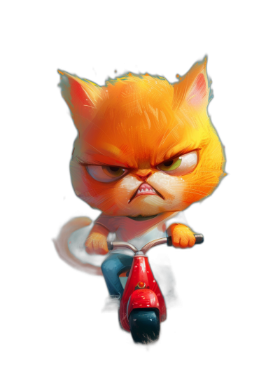 grumpy orange cat cartoon character riding a red scooter with an angry face on a black background, in the style of [WLOP](https://goo.gl/search?artist%20WLOP)