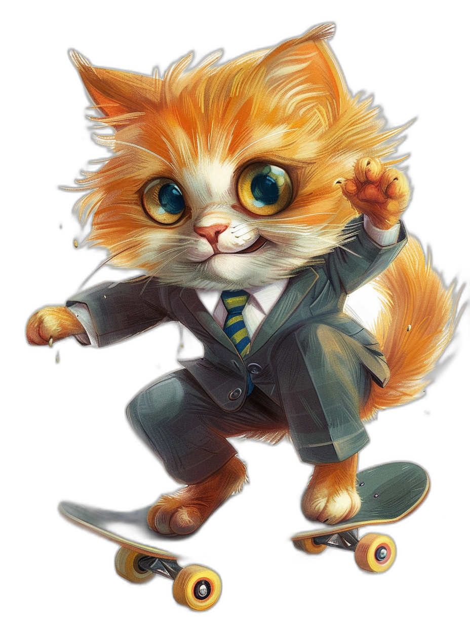 Illustration of a cute orange cat in a suit and tie, riding a skateboard on a black background, with big eyes and smiling, in the style of [Artgerm](https://goo.gl/search?artist%20Artgerm), featured on Pixiv, trending on ArtStation, using a Procreate brush, for a 2D game asset.