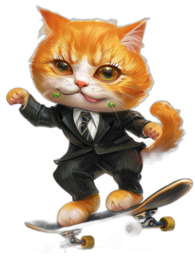 A cute happy ginger cat in a suit and tie riding on a skateboard, black background, in the style of digital art.