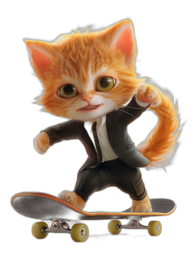 digital art of cute kitten , wear suit, skating on skateboard , black background, happy and funny