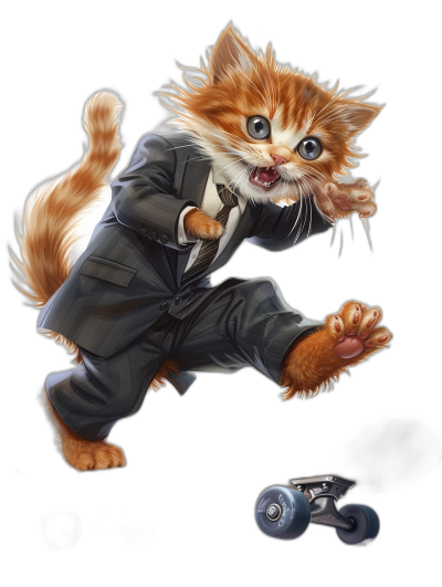 Illustration of an orange cat in a suit and tie, jumping on roller skates against a black background, cute cartoon character in the style of [Artgerm](https://goo.gl/search?artist%20Artgerm), trending on ArtStation, sharp focus, studio photo, intricate details, highly detailed