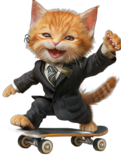 smiling ginger cat in suit and tie riding on skateboard, black background, hyper realistic game item artwork