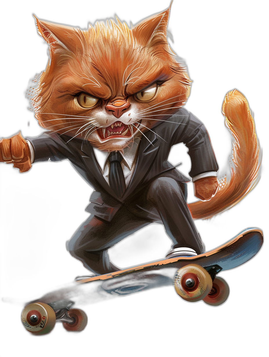 realistic digital detailed illustration of an angry ginger cat in a suit riding on a skateboard, in the style of cartoon, isolated with a black background, clipart design