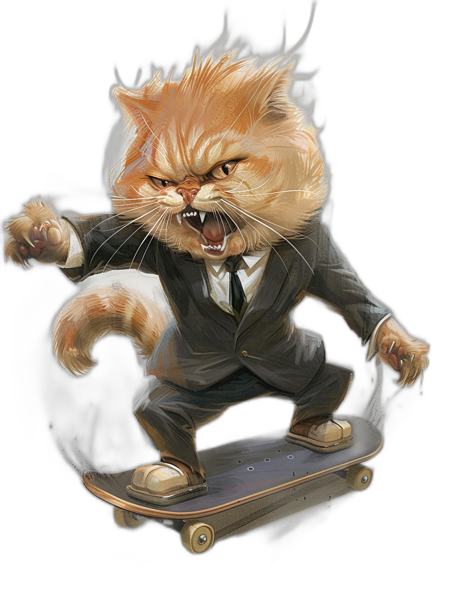 A realistic digital illustration of an angry ginger cat in a suit riding on a skateboard, black background, in the style of a t-shirt design.