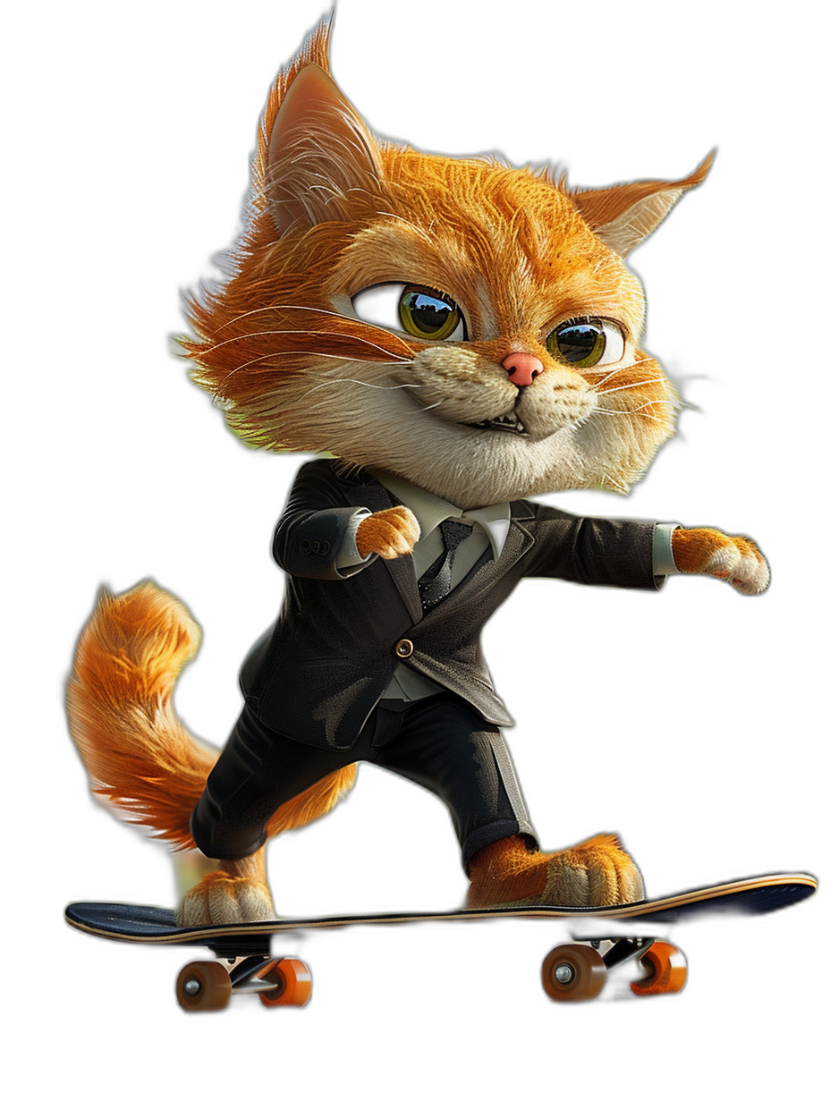 A cute ginger cat in a suit, riding on a skateboard in the style of Pixar, on a black background, with high resolution, in a hyper realistic style.