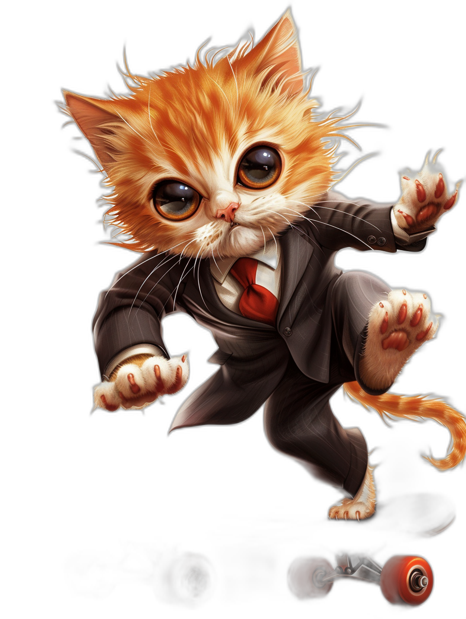 A cute orange cat, wearing a black suit and red tie is skateboarding on the stage. It has big eyes and a smiling expression. The digital art is in the style of a black background with a full body shot of the cat in high definition wallpaper style.