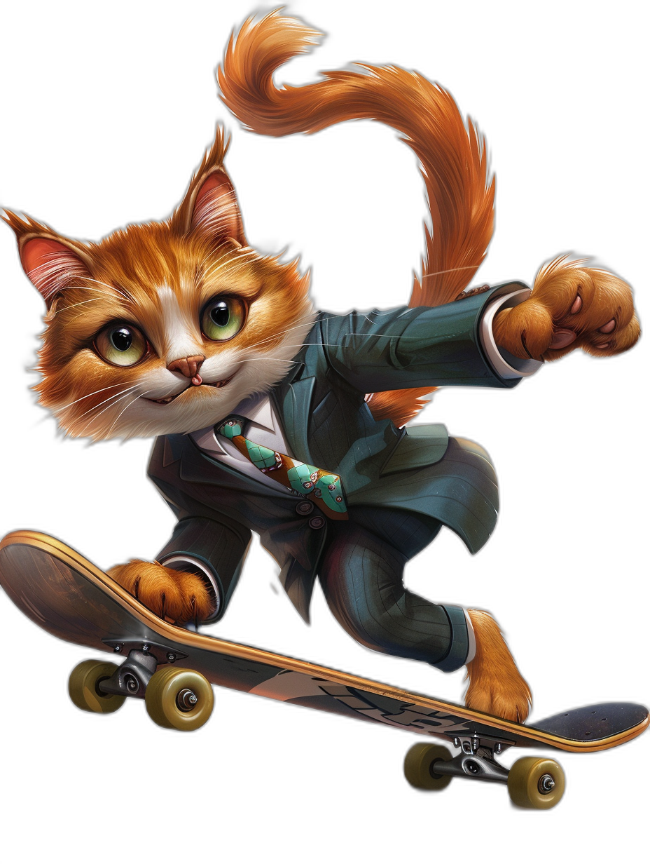 A cute ginger cat in a suit, riding on a skateboard in the style of Disney Pixar studio, cartoon style, black background, vector art with high contrast shading, hyper realistic details using digital painting and drawing techniques including airbrushing technique with smooth gradients and detailed character design, concept art.