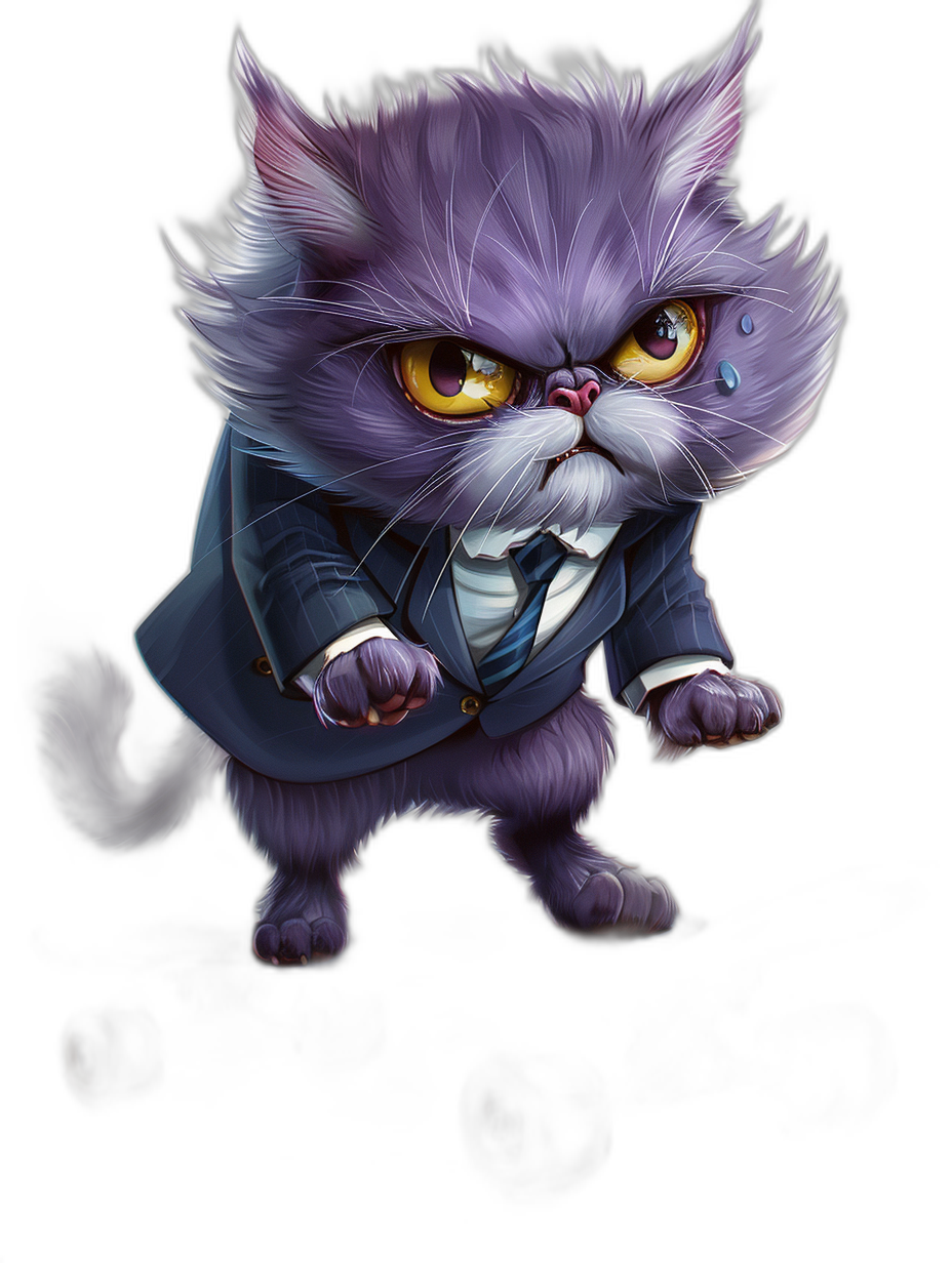 grumpy purple cat in a suit, full body illustration in the style of league of legends, black background