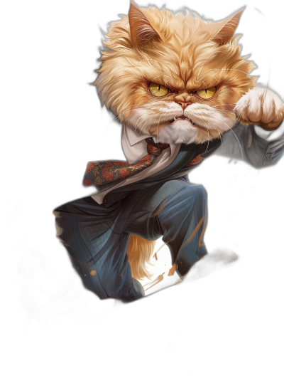 An angry Persian cat dressed in a suit is jumping on a black background, in the style of [Artgerm](https://goo.gl/search?artist%20Artgerm). A full body portrait in the style of Sienkiewicz with realistic and detailed character design, inspired by an anime style, inspired by [WLOP](https://goo.gl/search?artist%20WLOP), in the style of [Greg Rutkowski](https://goo.gl/search?artist%20Greg%20Rutkowski).