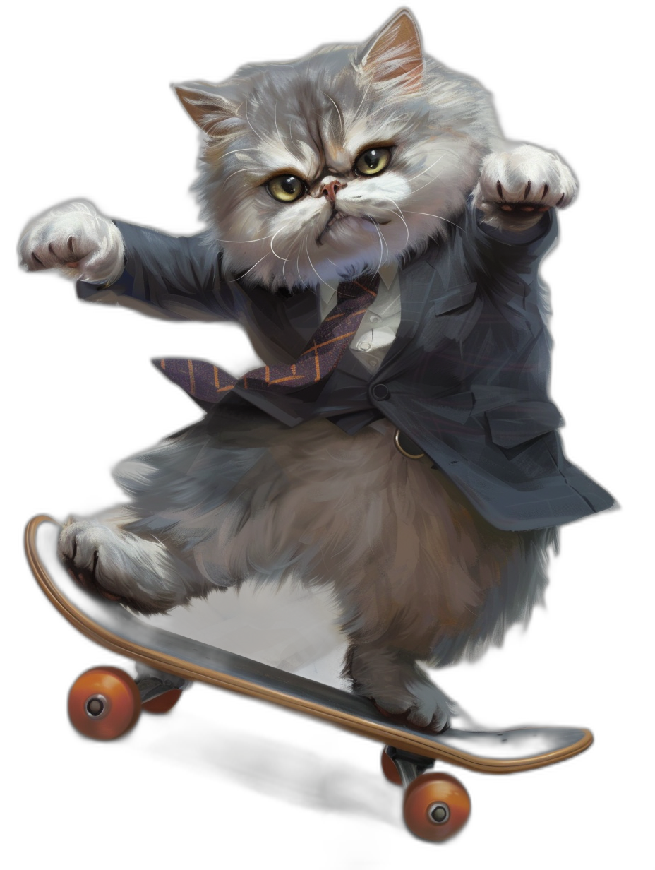 a realistic digital illustration of an anthropomorphic Persian cat in business suit and tie, doing skateboard trick, black background, full body shot