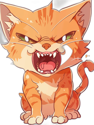 A cute orange cat, snarling with sharp teeth, in the style of vector cartoon style, black background, in the style of chibi character design, in the style of anime style.