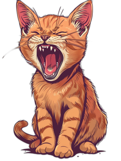 t-shirt design, vector cartoon art of an orange cat meowing with its mouth open and tongue out , full body view, isolated on black background