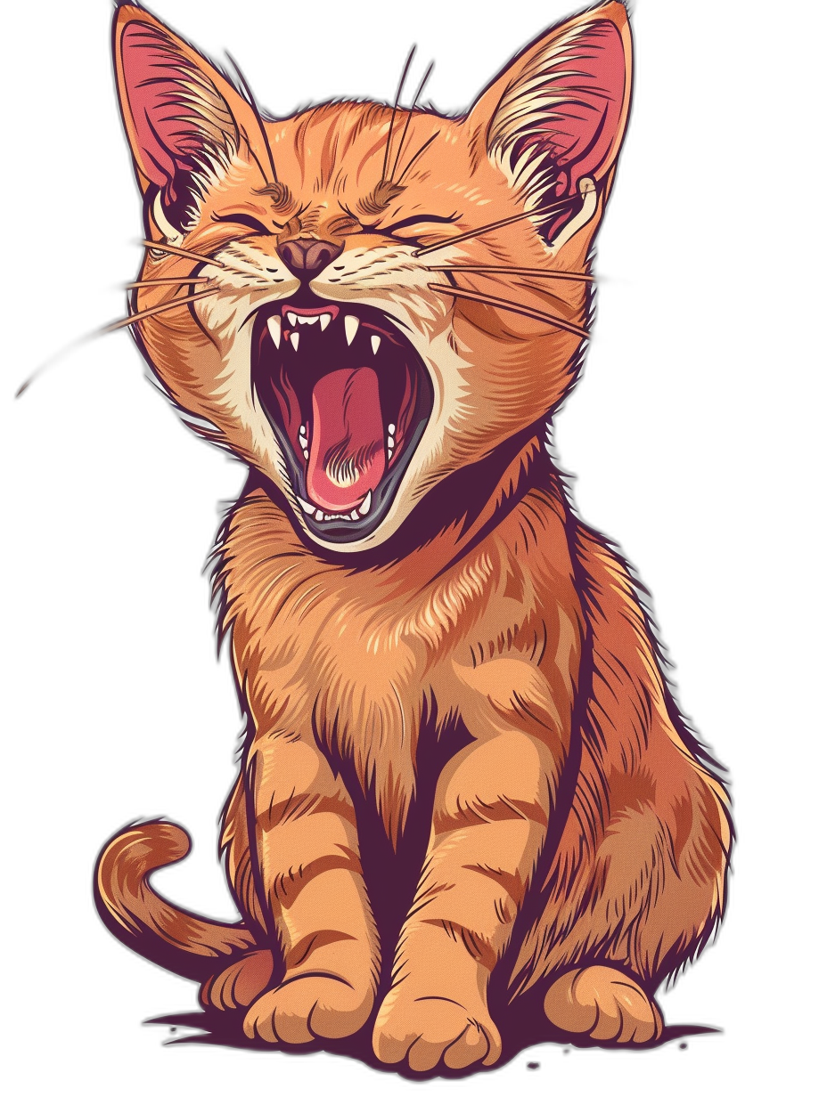 t-shirt design, vector cartoon art of an orange cat meowing with its mouth open and tongue out , full body view, isolated on black background