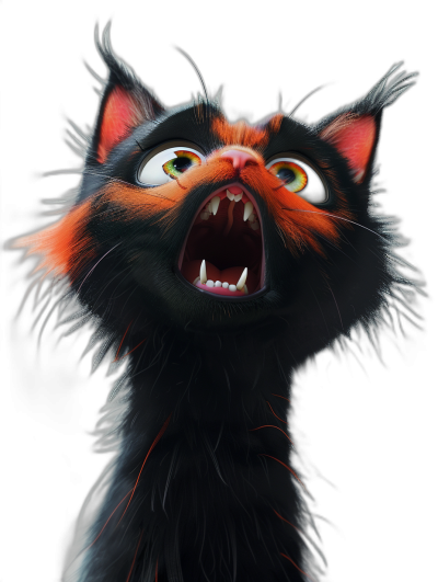 3D render of an angry orange and black cat with white teeth against a black background, in the style of Pixar.