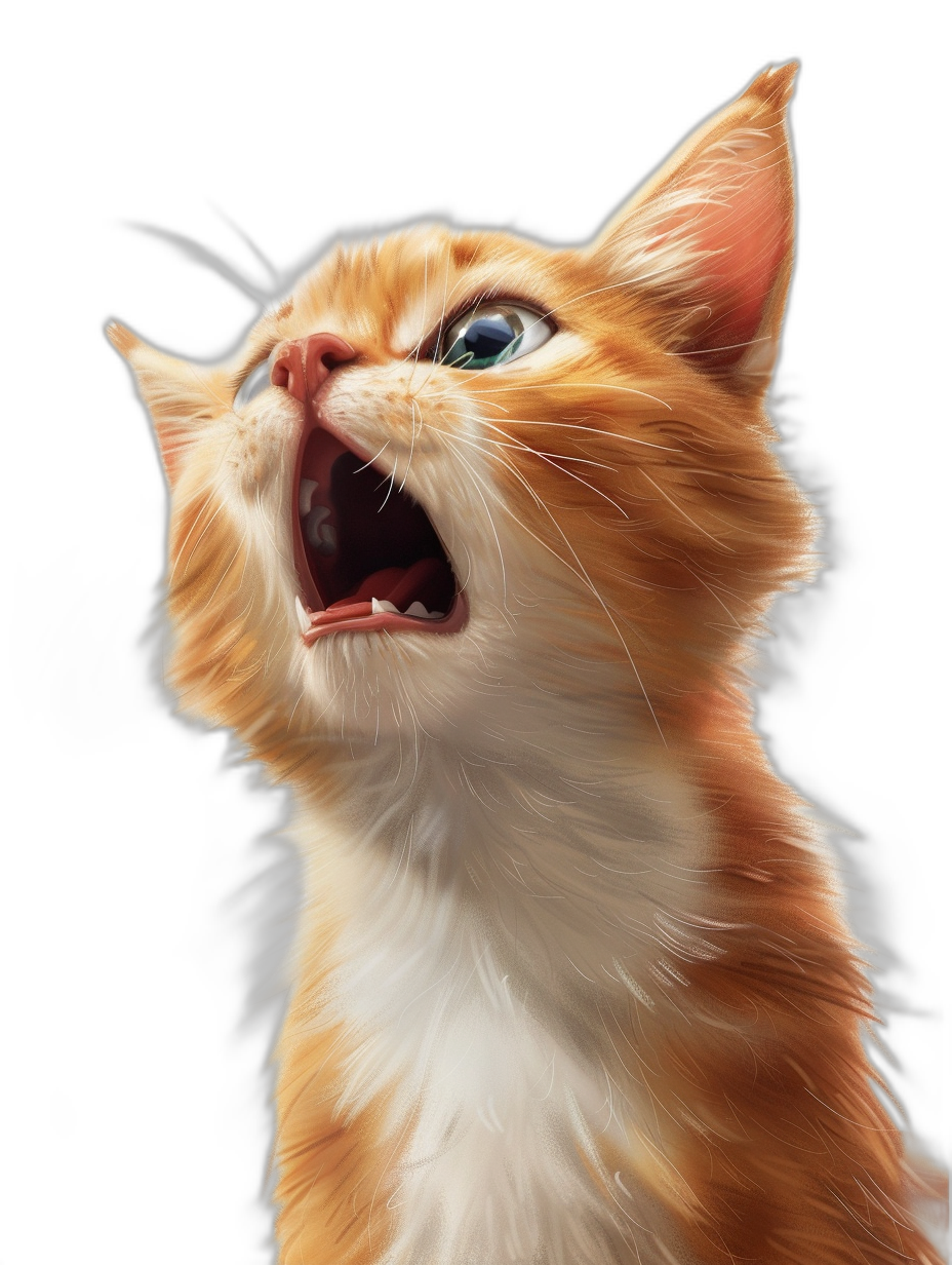 digital art of cute kitten , cat is meowing with open mouth, ginger and white colouring, black background, digital painting, artstation style