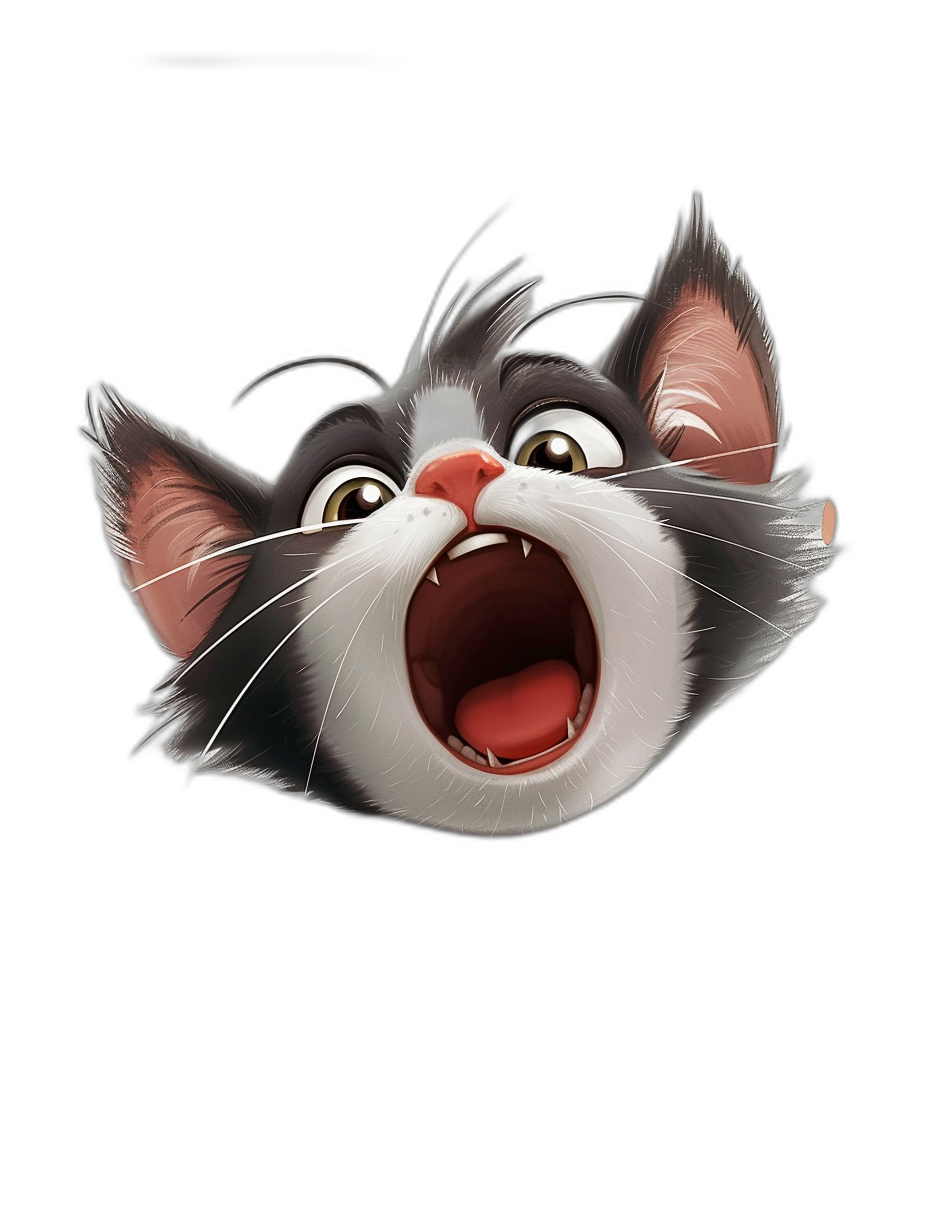 front view, cat head screaming with mouth open, black background, Disney style cartoon character in the air, in the style of Pixar