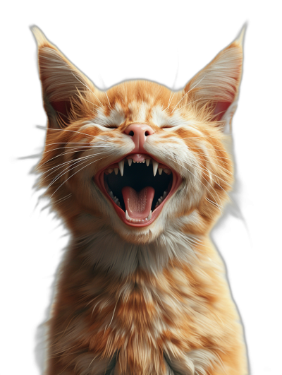 A hyper-realistic digital illustration of an orange cat, its mouth wide open and teeth showing as if it's laughing heartily or making fun of something in the background. The scene is isolated on black to highlight both kitten and mouth details.