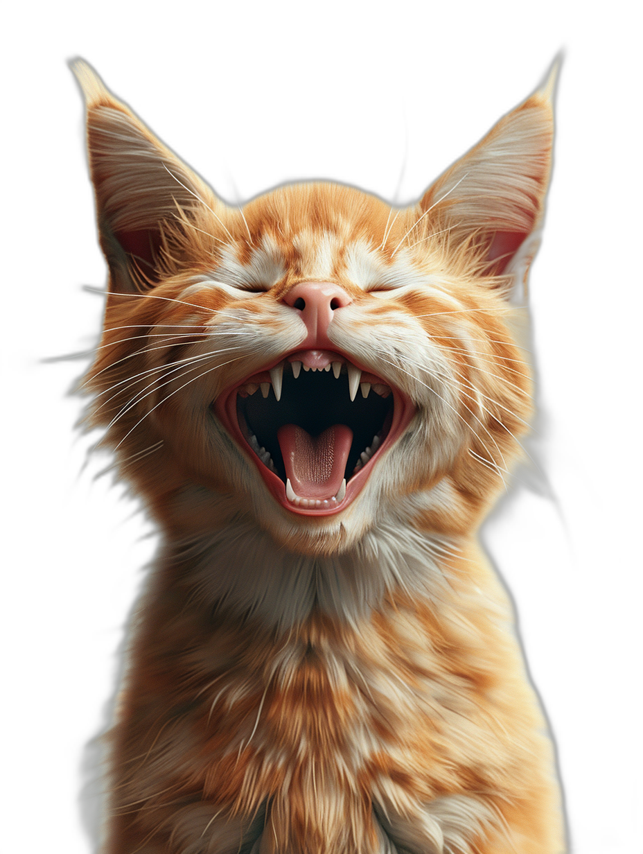 A hyper-realistic digital illustration of an orange cat, its mouth wide open and teeth showing as if it’s laughing heartily or making fun of something in the background. The scene is isolated on black to highlight both kitten and mouth details.