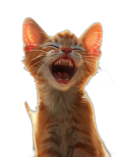 3D render of a happy cute kitten smiling and laughing with its mouth open showing teeth on a black background. The photorealistic render was done in the style of octane rendering with studio lighting and sharp focus for a high resolution photograph. Insane detail was put into the fine details of the isolated plain stock photo. Professional color grading was applied in the style of an award winning photograph.