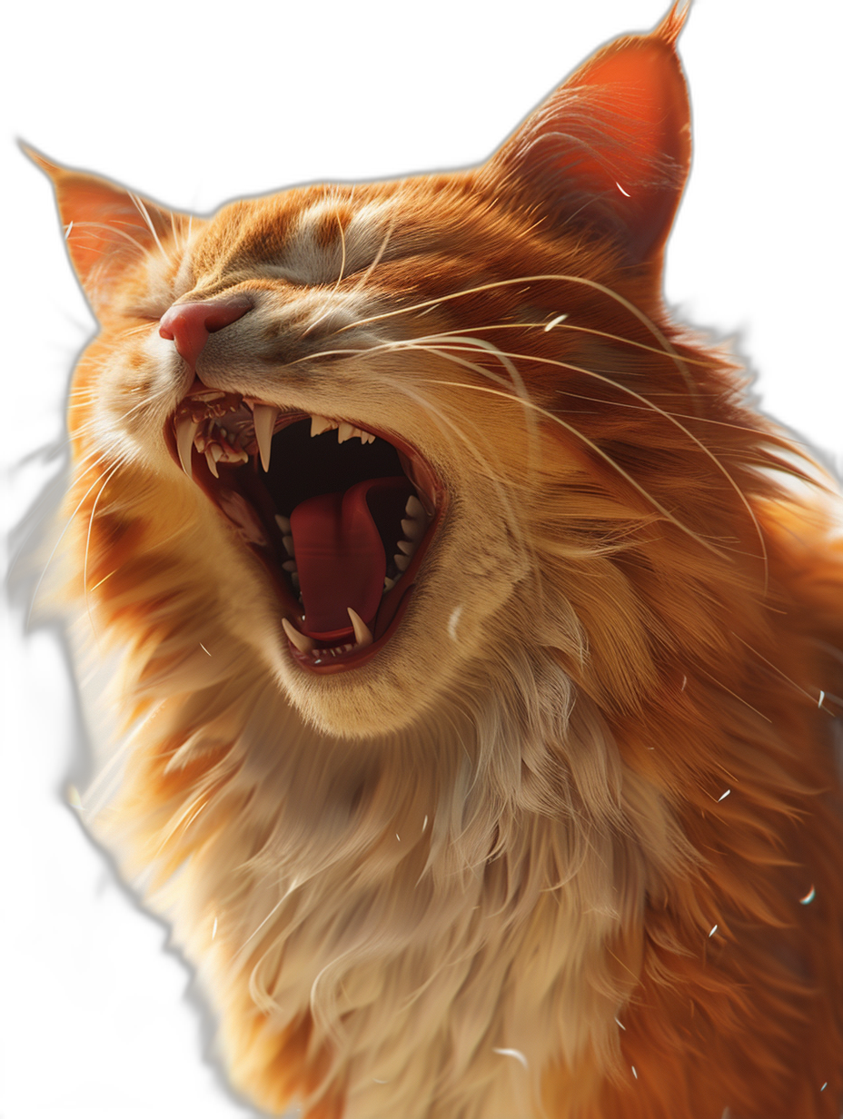 ginger cat with mouth open and showing teeth, realistic, fantasy art style, in the style of, black background, digital painting, digital illustration, artstation, zoomed out