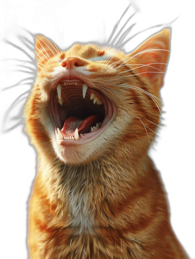 A cute orange cat laughing with its mouth open, sharp teeth visible, against a black background, in a photorealistic, hyperrealistic style in the style of [WLOP](https://goo.gl/search?artist%20WLOP) and [Greg Rutkowski](https://goo.gl/search?artist%20Greg%20Rutkowski).