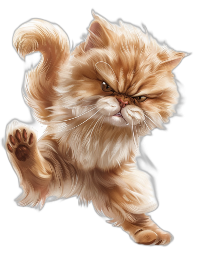 A full body shot of an angry Persian cat jumping, isolated on a black background, in a digital painting in the style of [Krenz Cushart](https://goo.gl/search?artist%20Krenz%20Cushart) and in the art style of brambly hedge.