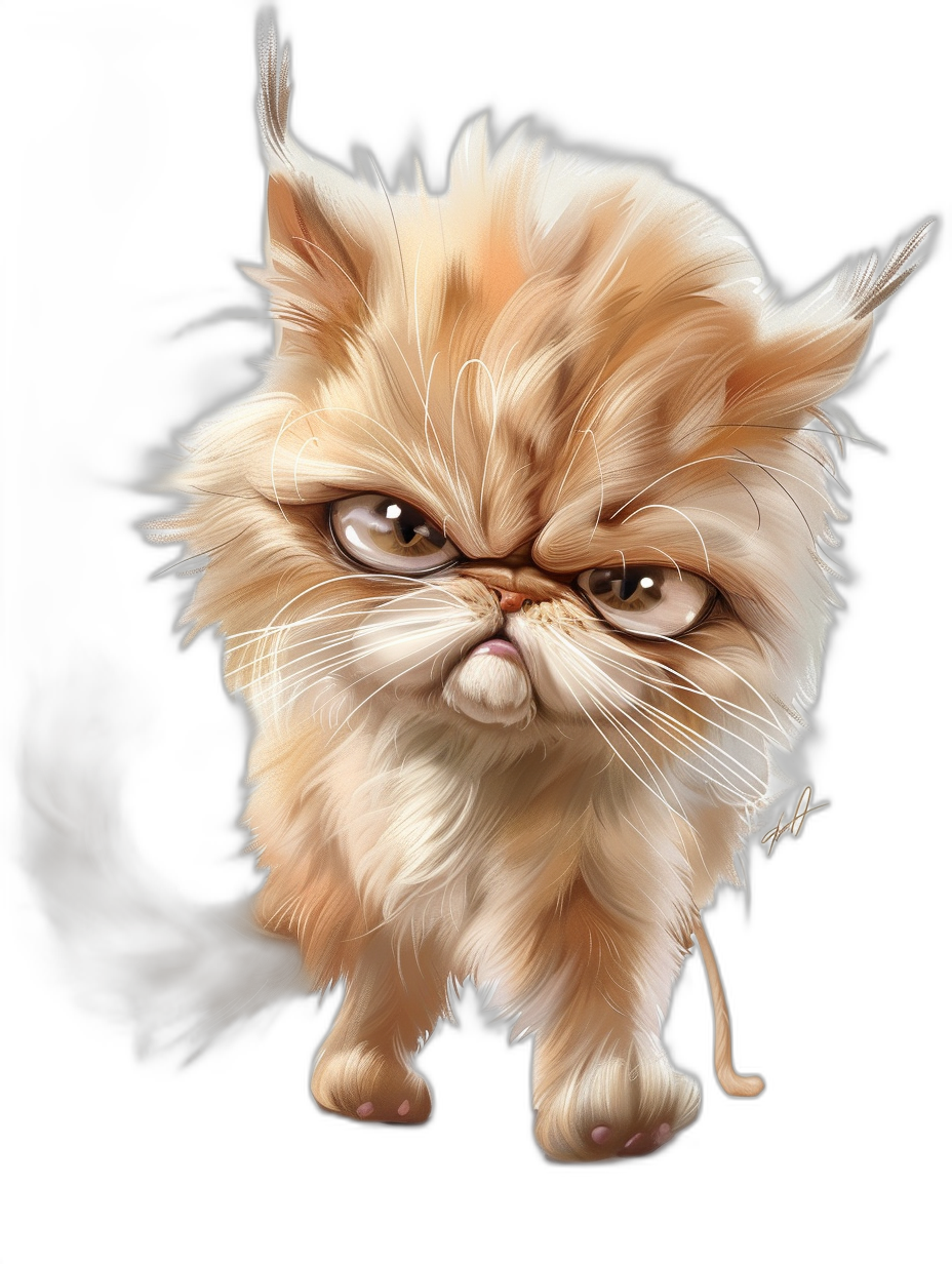 A caricature of an extremely angry Persian cat, with a funny expression, in the style of [Artgerm](https://goo.gl/search?artist%20Artgerm) and in the style of [Alphonse Mucha](https://goo.gl/search?artist%20Alphonse%20Mucha), as a full body portrait on a black background, trending on DeviantArt, as furry art, as a hyper-realistic illustration, with a cute cartoonish design, using digital airbrushing, with soft lighting, being ultra-detailed, with cinematic lighting, as a professional photography, with sharp focus, as a studio photo, with intricate details, being highly detailed, at a high resolution.