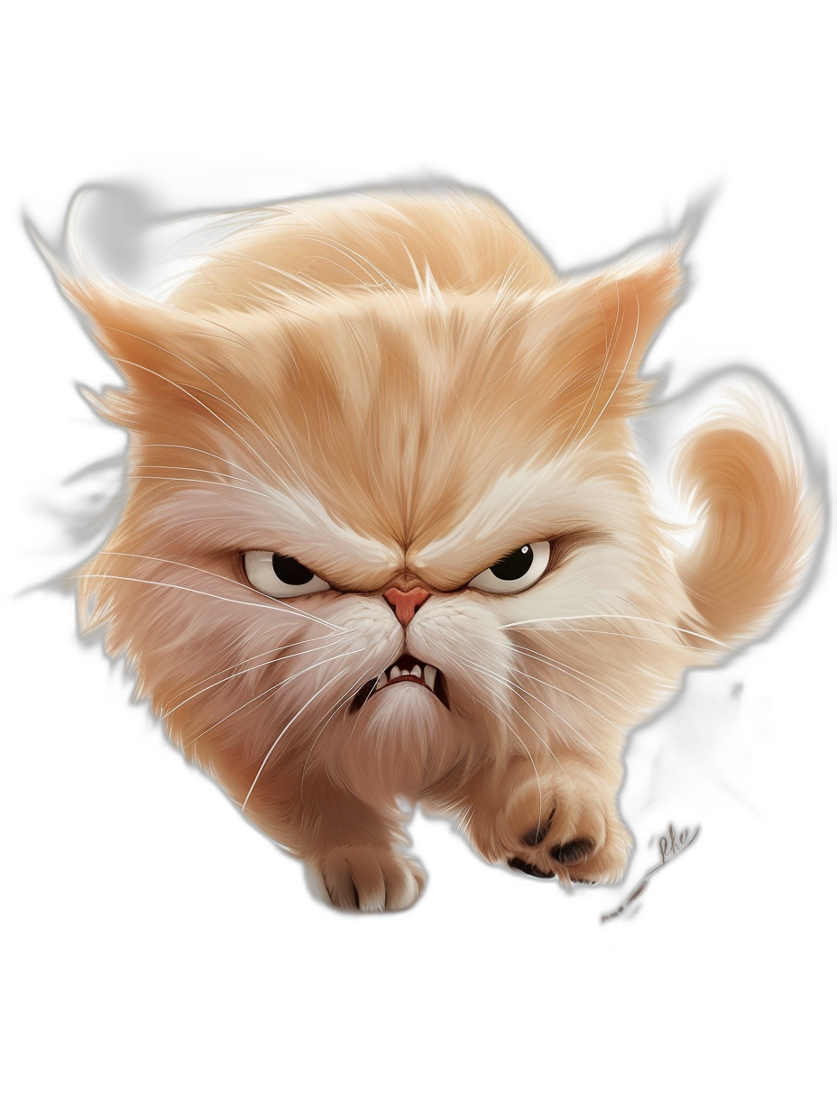 A cartoon caricature of an angry Persian cat in the style of [Tiago Hoisel](https://goo.gl/search?artist%20Tiago%20Hoisel), with dynamic action and playful caricatures in a hyper realistic style on a black background.