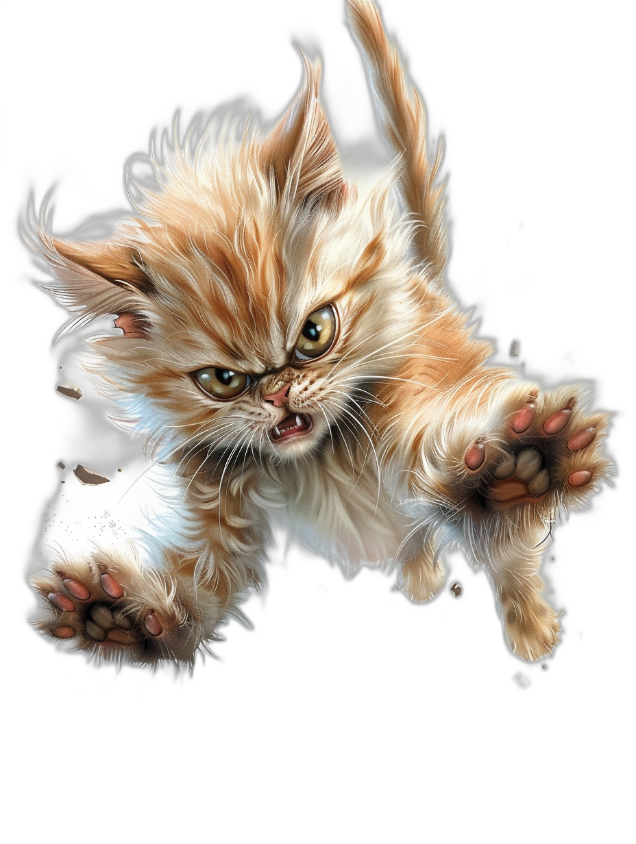 highly detailed, sharp focused digital illustration of an adorable cute persian kitten with big expressive eyes jumping in the air trying to catch something against a black background, in the style of a t-shirt design.