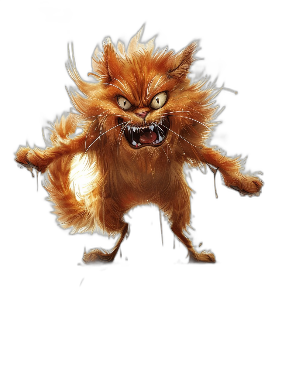 angry ginger cat, in the Pixar style, cartoon character design sheet, full body shot, black background, digital art in the style of Disney Pixar, 2d game concept illustration, wild hair, fluffy fur, fangs and claws, long tail with white paws at the end of it, jumping in anger