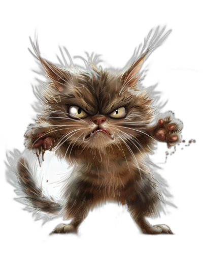 angry fluffy cat, full body, vector illustration in the style of [Ralph Steadman](https://goo.gl/search?artist%20Ralph%20Steadman) and [Tiago Hoisel](https://goo.gl/search?artist%20Tiago%20Hoisel), caricature-like, black background, very detailed