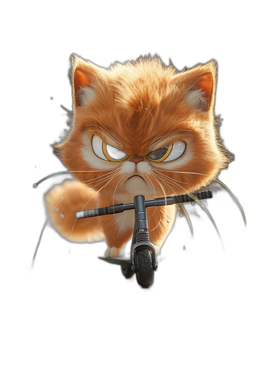 front view of an angry orange cat riding an electric scooter, in the cartoon style, on a black background, digital art in the style of Pixar and Disney + Artstation, 2D illustration, 3D render, octane rendering, hyper detailed, hyper realistic, full body shot, cinematic, ambient lighting, high resolution, super details, soft light, wide angle