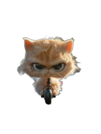 front view, an angry cat with big eyes riding on the front of an electric scooter, black background, in the style of Pixar animation, 3D rendering, fluffy fur, high quality