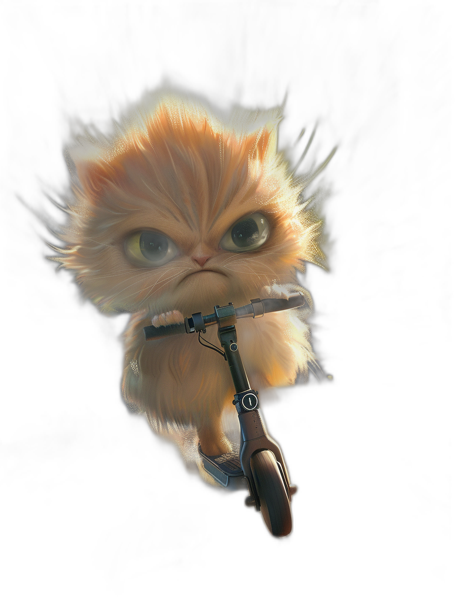 Character design of an angry and furry kitten riding an electric scooter, cute, on a black background, digital art in the style of Pixar studio, cinematic lighting