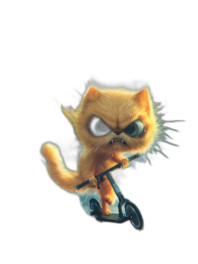 A cute little orange cat, with an angry expression against a black background and flying eye balls on its head riding an electric scooter. The illustration style is in the style of Pixar's cartoon characters, being cute, furry, and having delicate hair texture. It has a strong three-dimensional sense. Black solid color background. High definition resolution.