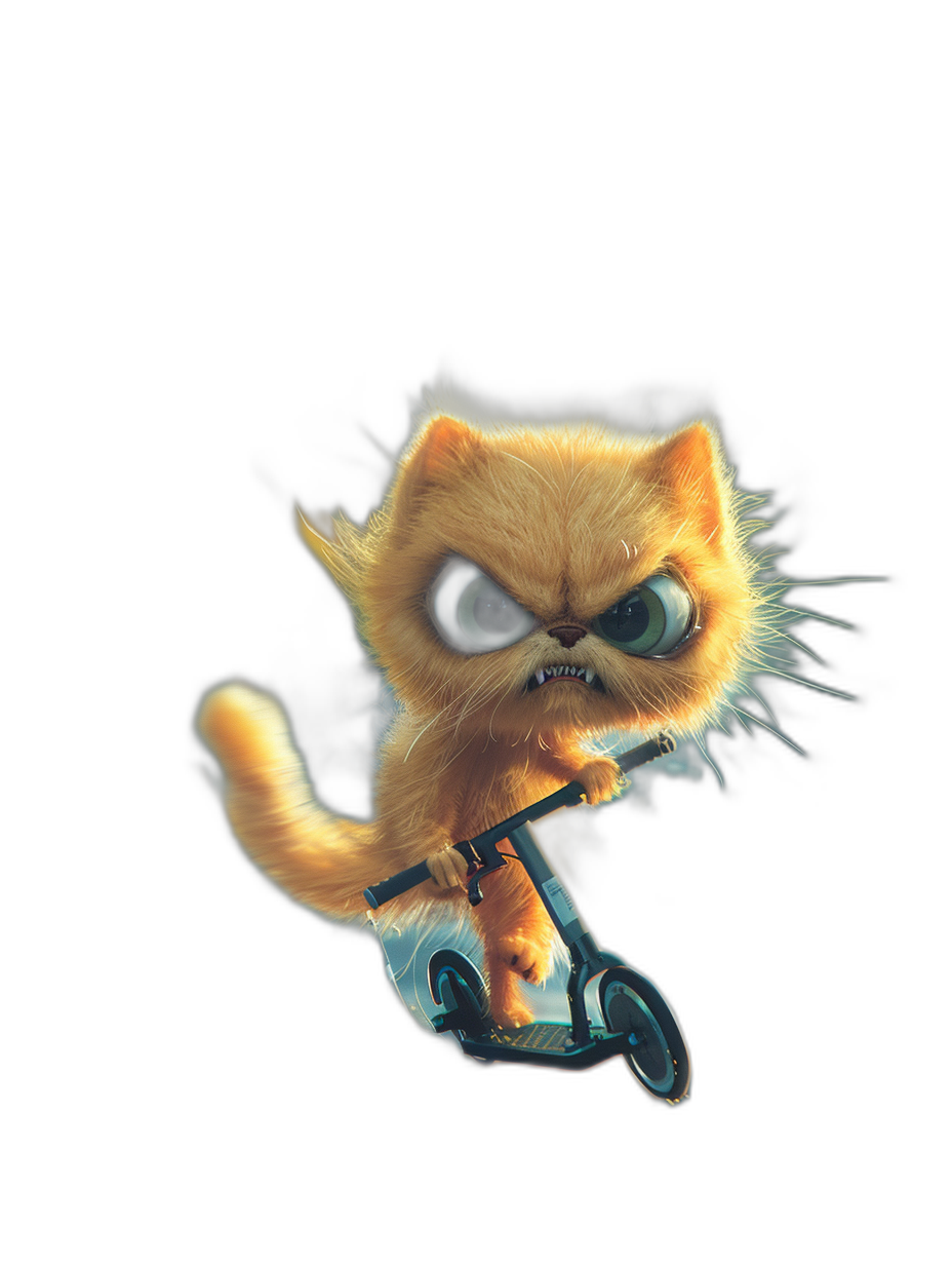 A cute little orange cat, with an angry expression against a black background and flying eye balls on its head riding an electric scooter. The illustration style is in the style of Pixar’s cartoon characters, being cute, furry, and having delicate hair texture. It has a strong three-dimensional sense. Black solid color background. High definition resolution.