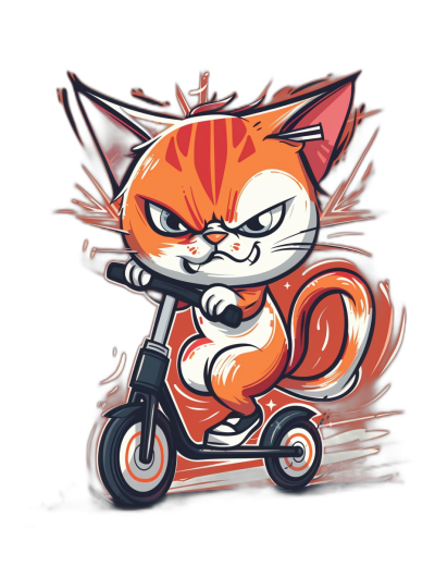 t-shirt design, cute kawaii cat riding scooter with an angry expression on black background, vector art style, detailed, cel shading, full body, in the style of vector art.