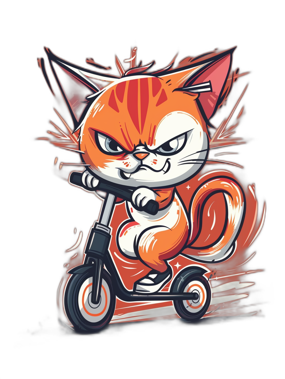 t-shirt design, cute kawaii cat riding scooter with an angry expression on black background, vector art style, detailed, cel shading, full body, in the style of vector art.