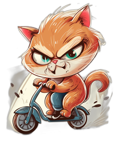 vector design of an angry cat riding scooter, isolated on black background, cartoon style, animated gifs, grzegorz domaradze and chris_component art styles, vibrant colors, t-shirt print design