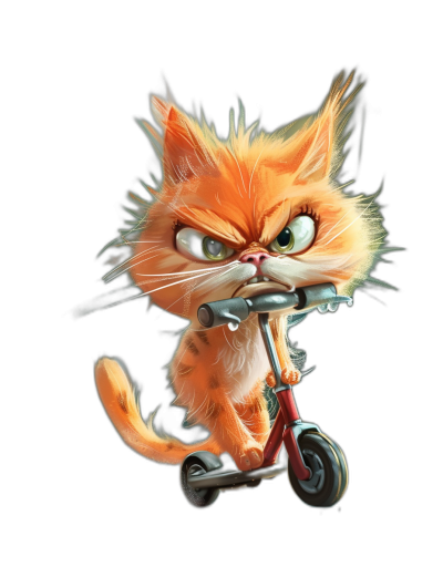 Cute cartoon cat riding a scooter with an angry expression in the style of Pixar illustration on a black background, high resolution digital art