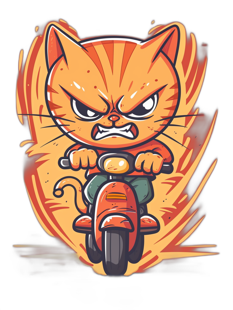 vector design of an angry orange cat riding on motorbike, isolated black background, t-shirt print design for kids, cute kawaii cartoon style, vector illustration art in the style of [Artgerm](https://goo.gl/search?artist%20Artgerm) and [Loish](https://goo.gl/search?artist%20Loish), detailed character design, dynamic pose, detailed, high resolution, tshirt graphic