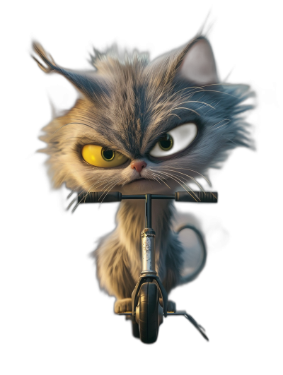 grumpy cat on bike, in the style of Pixar, cartoon character with yellow eyes, on black background, 3D render, high resolution digital art