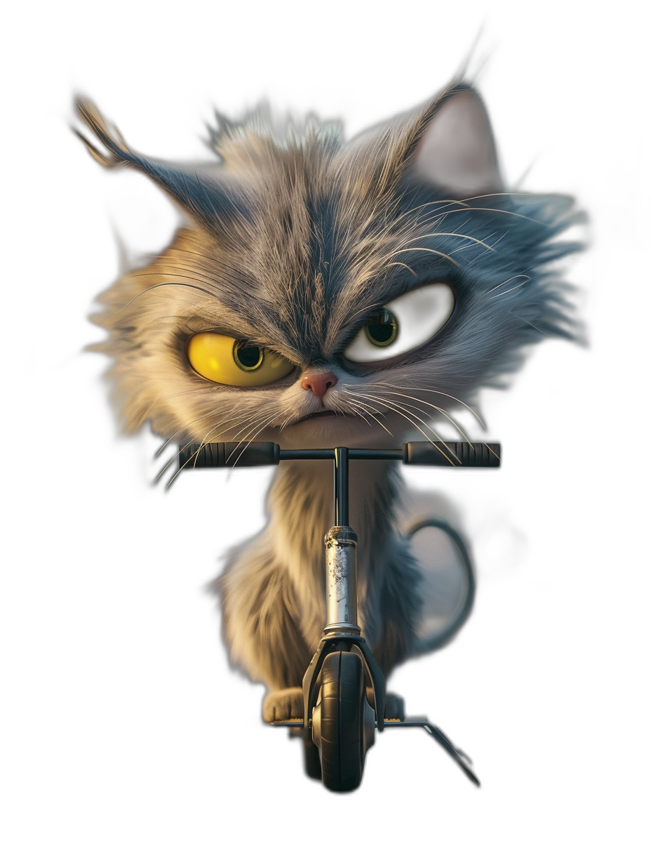 grumpy cat on bike, in the style of Pixar, cartoon character with yellow eyes, on black background, 3D render, high resolution digital art