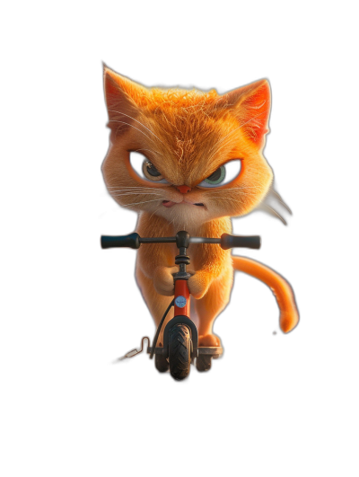 Cute orange cat riding electric scooter on a black background, in the style of Pixar, Disney animation style, cute and adorable, high definition