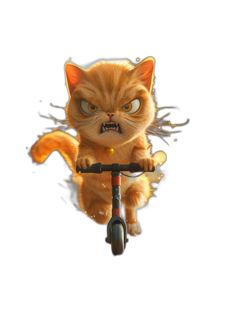 A cute orange cat riding an electric scooter, with angry eyes and a black background, in the style of Pixar, with a cartoon character design that is cute and colorful. It is rendered in C4D using Octane rendering technology, with a high resolution. The cat’s expression was fierce and full of power, showing its speed and freedom in .