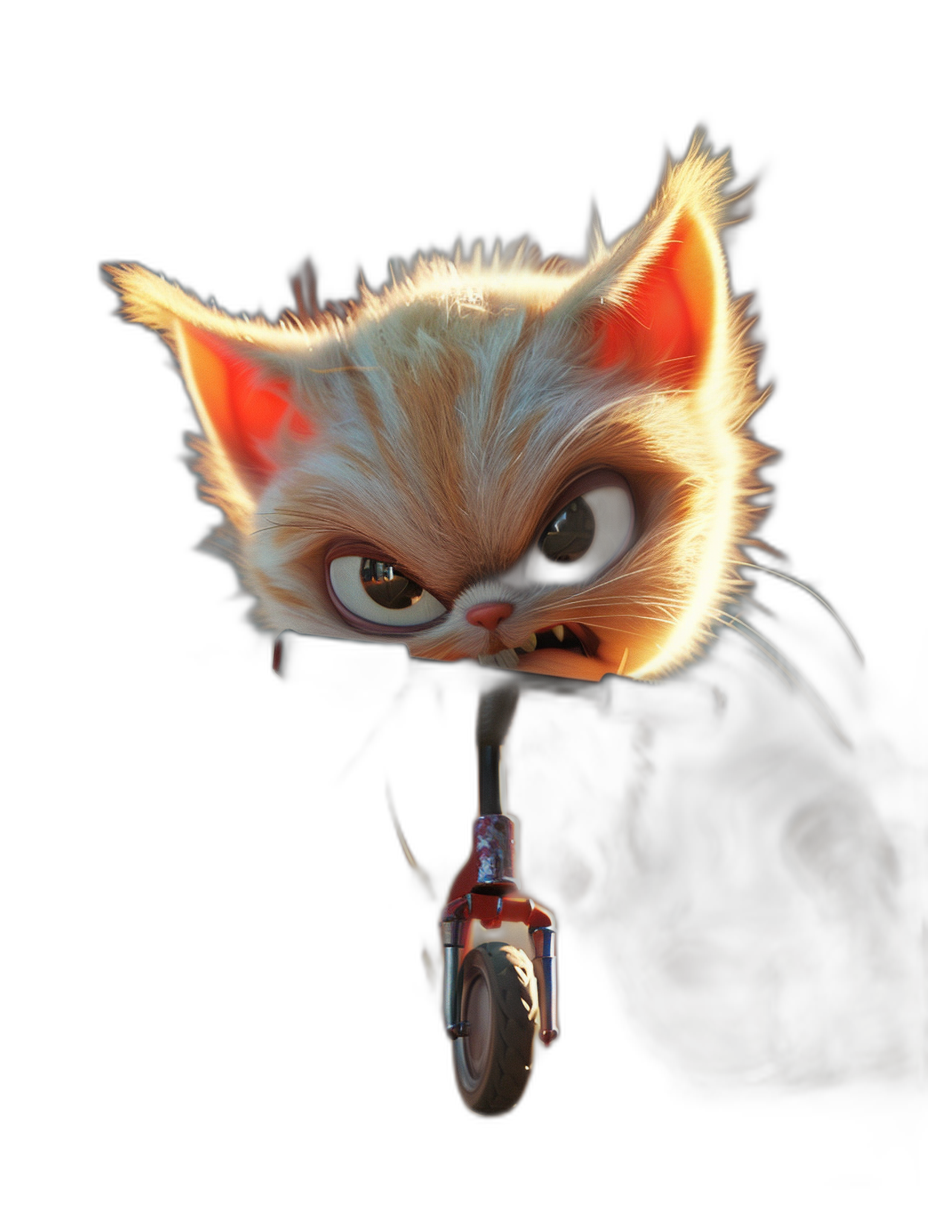 3D render of a cute character cat on a bike in the style of Pixar, cartoon, cute, with a black background, soft lighting, rim light, portrait, big eyes, orange and white fur with red ears, looking at the camera, close up, holding the handle bar of a scooter, blowing in the hard wind, hair flying in the air, with a happy face expression, side view.